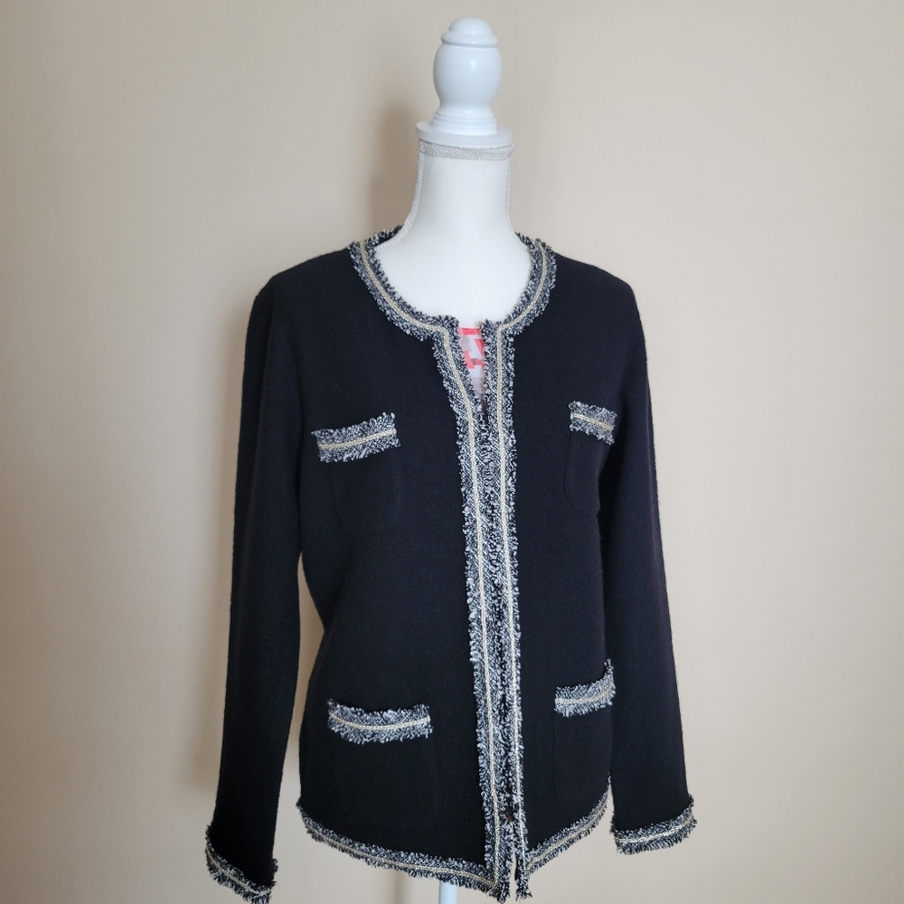 Karl Lagerfeld Womans Black Wool Blend Tweed Fringed Jacket Blazer Sz L